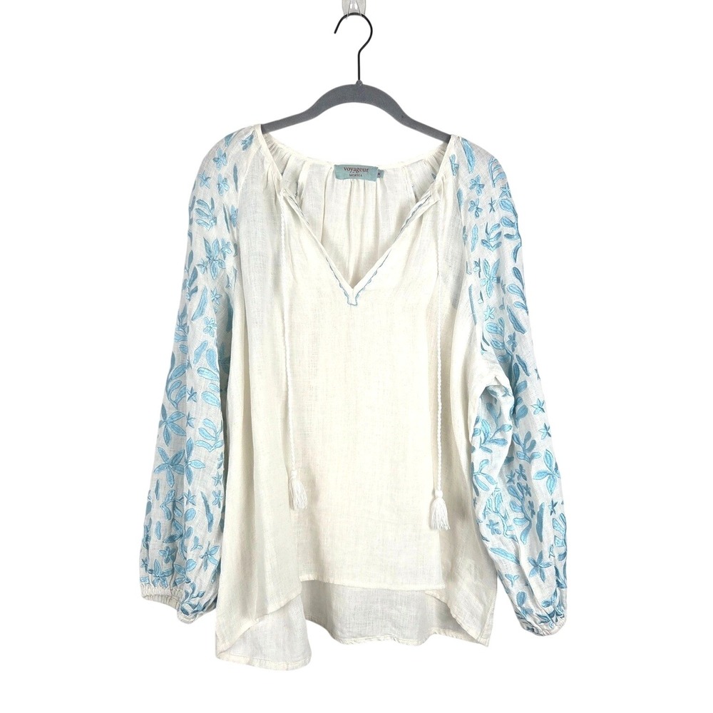Voyageur by Mersea White Linen‎ Blue Floral Embroidered Top M Boho Festival